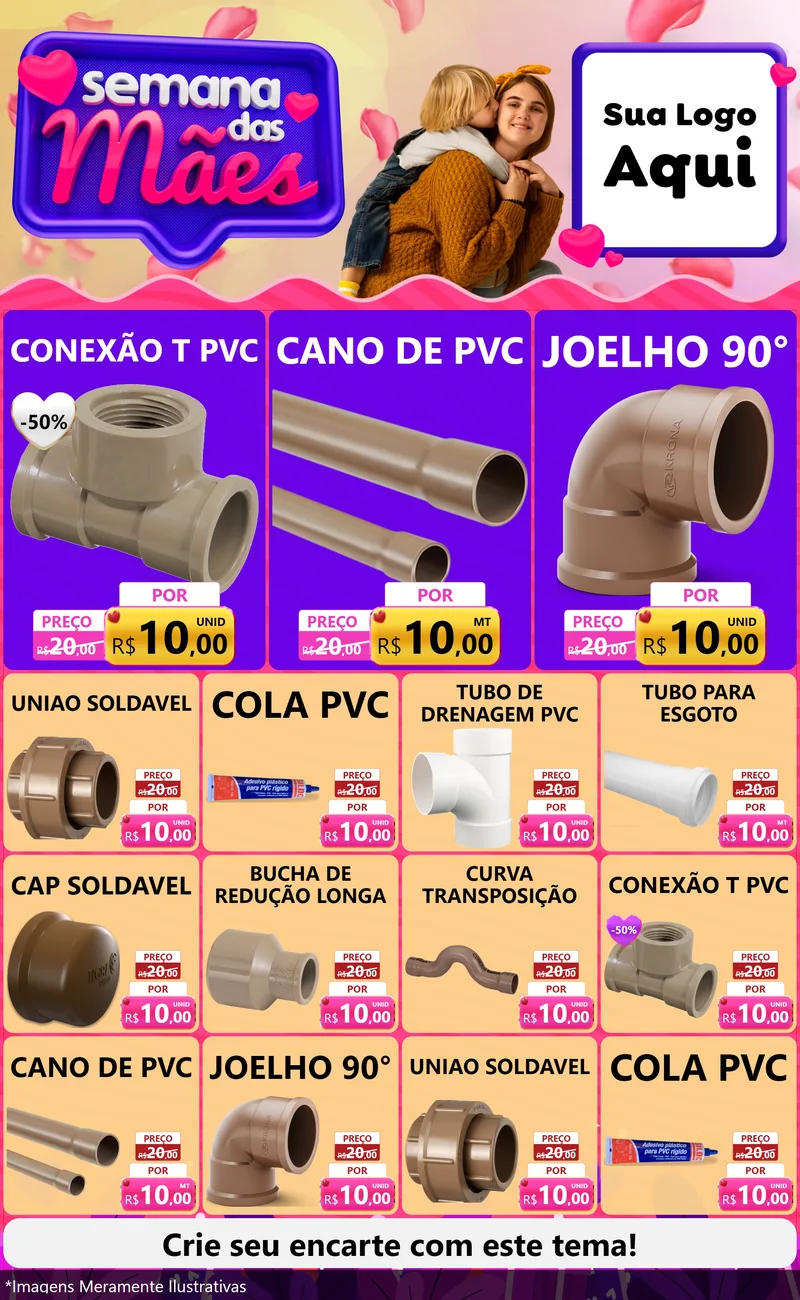 Modelo de Encarte para Encarte Grande com o tema Semana das Mães para Tubos e conexões