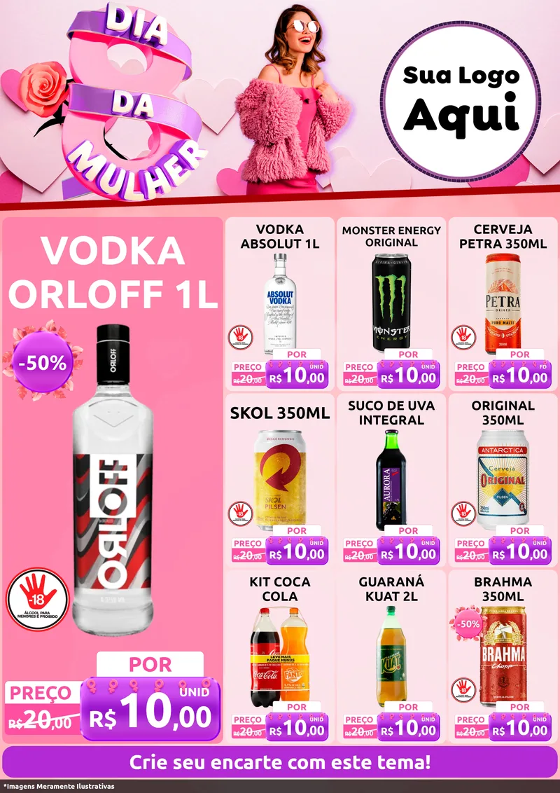 Modelo de Encarte para Encarte A4 Vertical com o tema Dia da Mulher para Distribuidora de bebidas