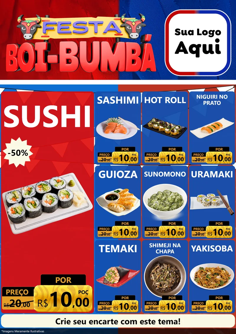 Modelo de Encarte para Encarte A4 Vertical com o tema Festa Boi Bumbá para Comida japonesa
