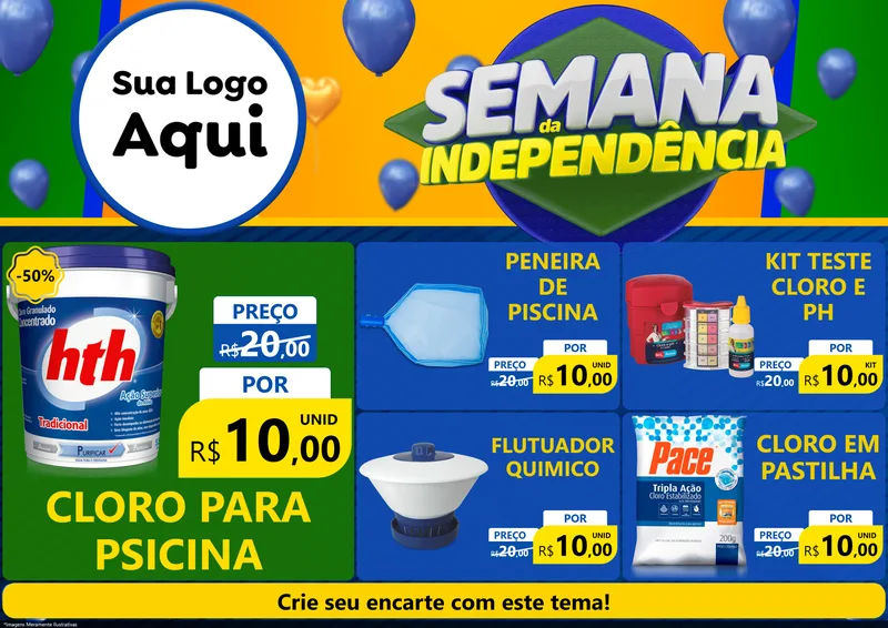 Modelo de Encarte para Encarte A4 Horizontal com o tema Semana da Independência para Produtos para Piscina