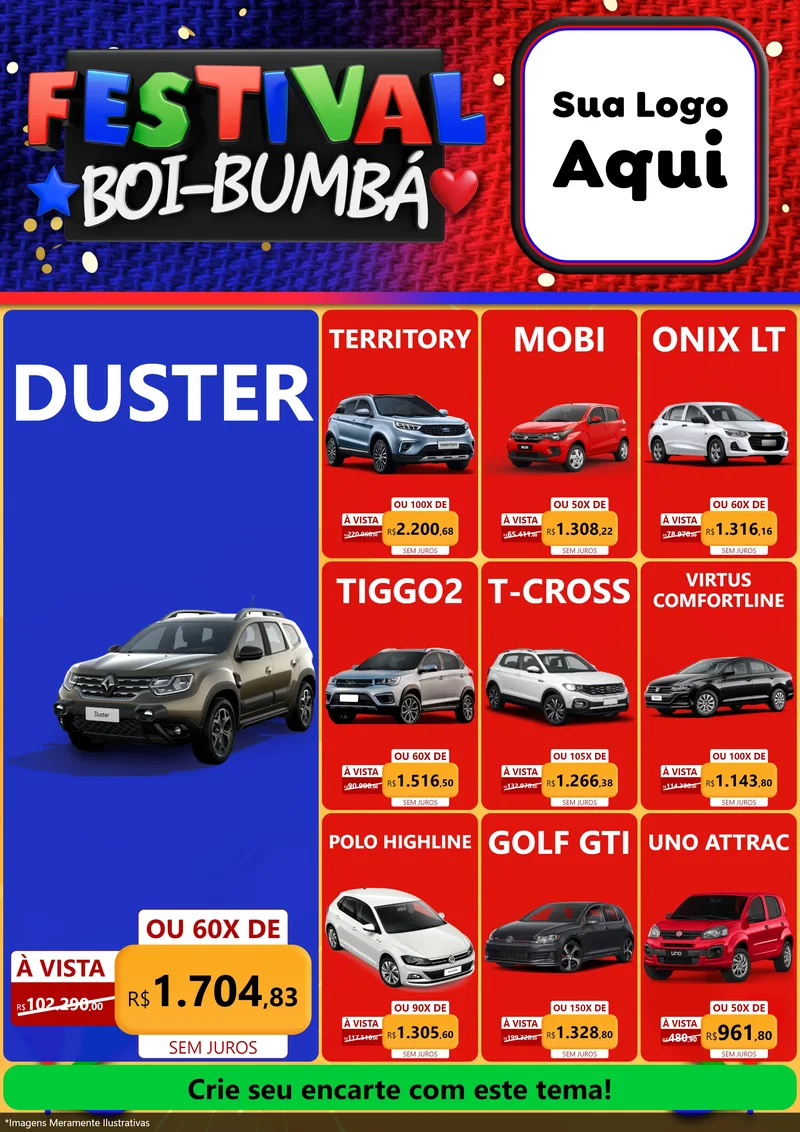 Modelo de Encarte para Encarte A4 Vertical com o tema Festival Boi-Bumbá para Concessionaria de Carros