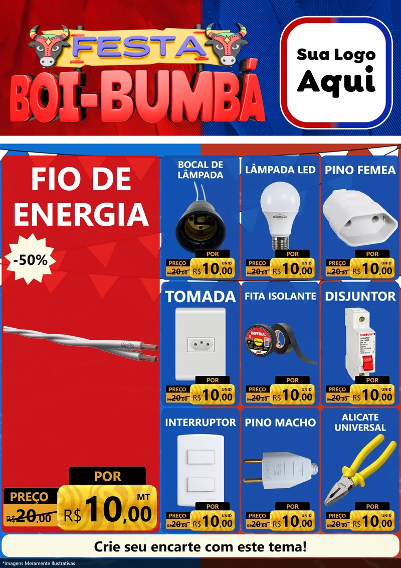 Modelo de Encarte para Encarte A4 Vertical com o tema Festa Boi Bumbá para Materiais Elétricos