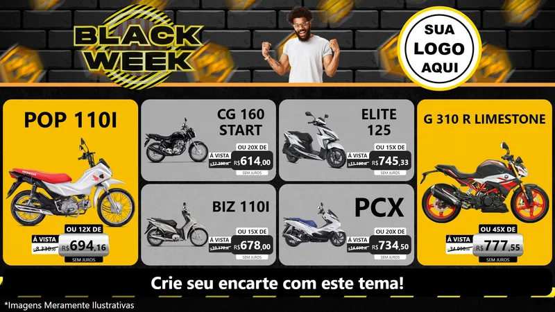 Modelo de TV para TV Horizontal com o tema Black Week para Concessionaria de Motos
