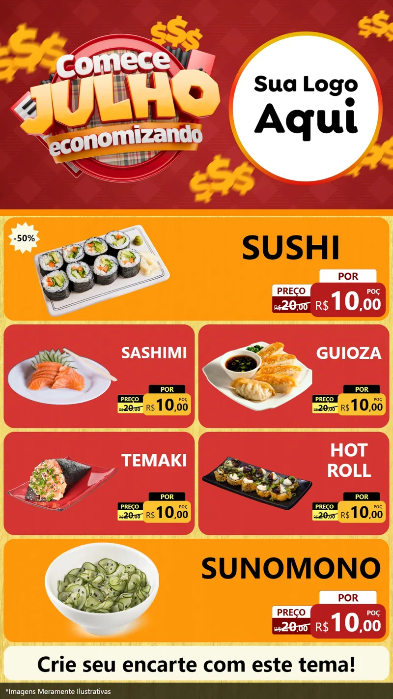 Modelo de TV para TV Vertical com o tema Comece Julho Economizando para Comida japonesa