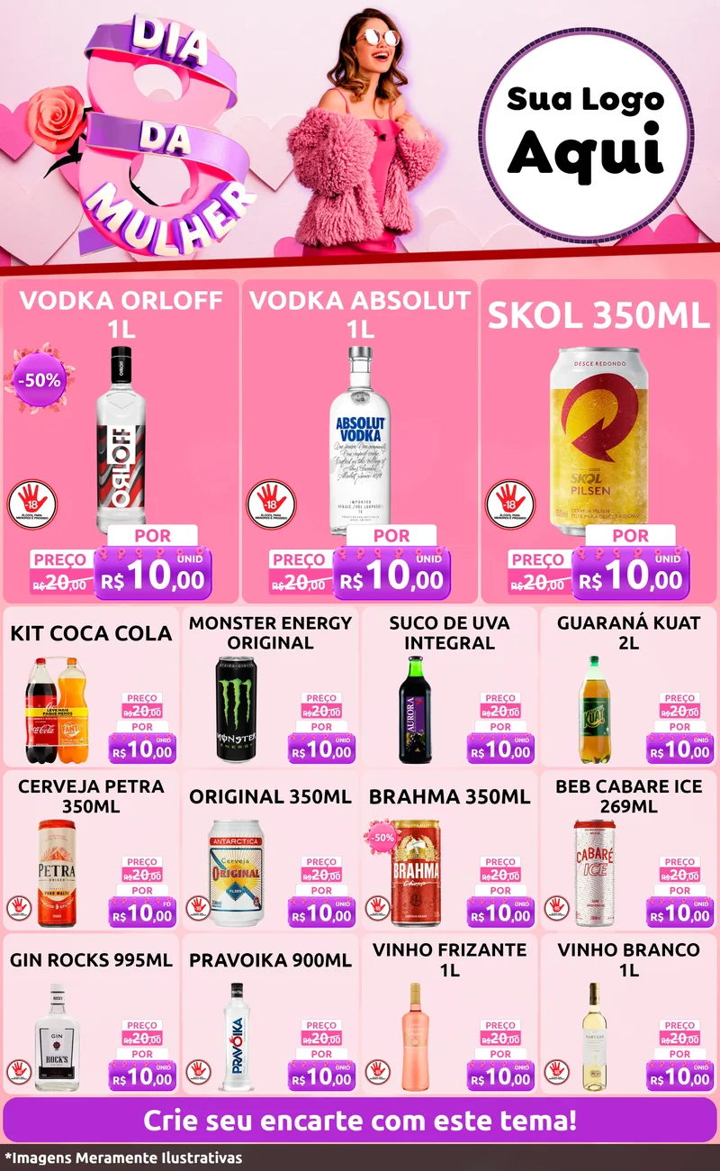 Modelo de Encarte para Encarte Grande com o tema Dia da Mulher para Distribuidora de bebidas