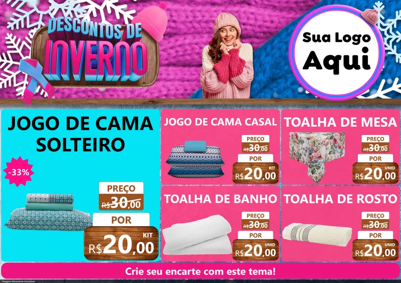 Modelo de Encarte para Encarte A4 Horizontal com o tema Descontos de Inverno para Cama, Mesa e Banho
