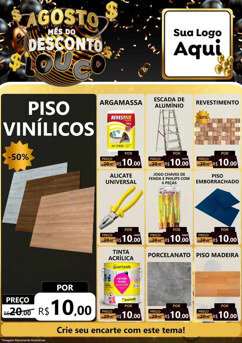 Modelo de Encarte para Encarte A4 Vertical com o tema Agosto Mês do Desconto Louco para Material para Construção