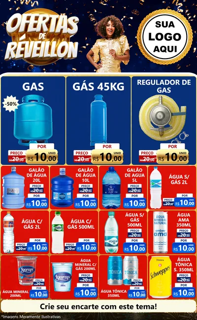 Modelo de Encarte para Encarte Grande com o tema Ofertas de Réveillon para Água e gás