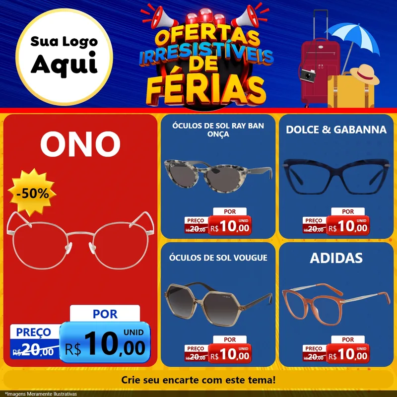 Modelo de Rede Social para Feed Facebook com o tema Ofertas Irresistíveis de Férias para Óticas