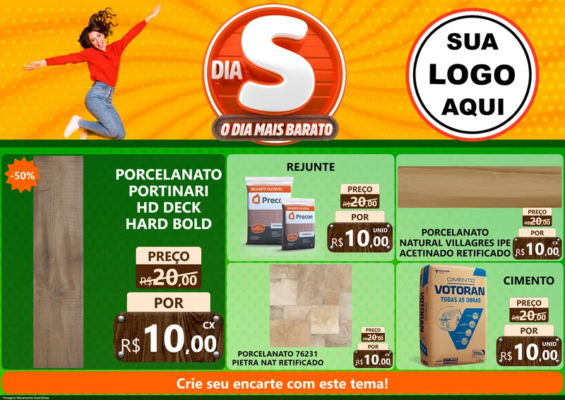 Modelo de Encarte para Encarte A4 Horizontal com o tema Dia S - O Dia Mais Barato para Pisos e revestimentos