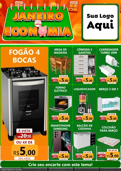 Modelo de Encarte para Encarte A4 Vertical com o tema Janeiro da Economia para Móveis e Eletro