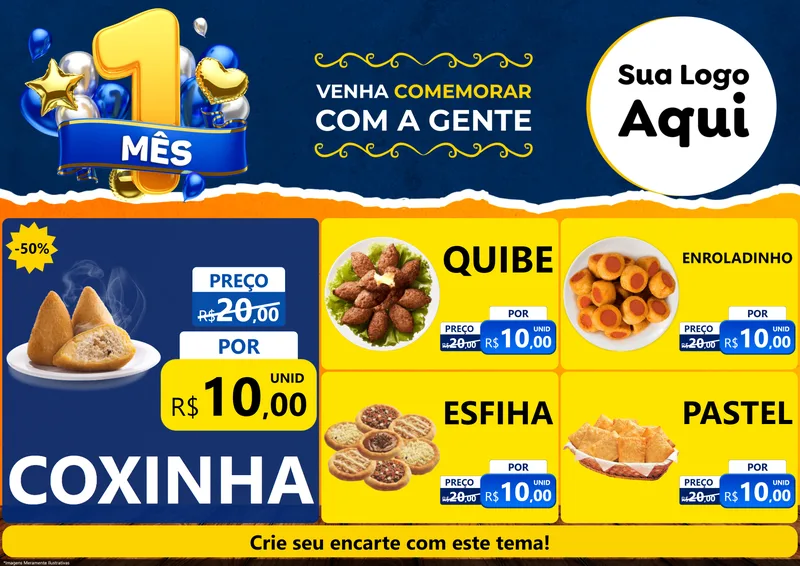 Modelo de Encarte para Encarte A4 Horizontal com o tema Um Mês de Aniversário para Salgadaria