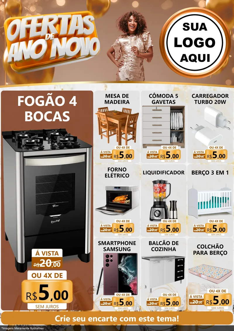 Modelo de Encarte para Encarte A4 Vertical com o tema Ofertas de Ano Novo para Móveis e Eletro