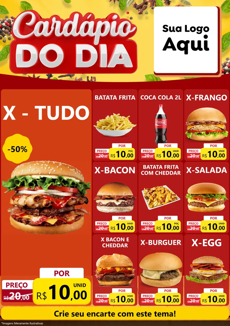 Modelo de Encarte para Encarte A4 Vertical com o tema Cardápio do Dia para Hamburgueria