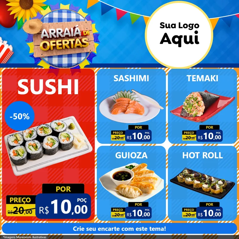Modelo de Rede Social para Feed Facebook com o tema Arraiá de Ofertas para Comida japonesa