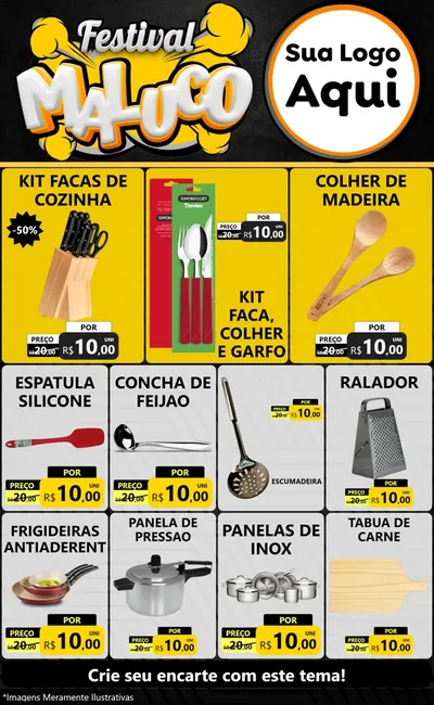 Modelo de Encarte para Encarte Grande com o tema Festival Maluco para Utilidades Domésticas