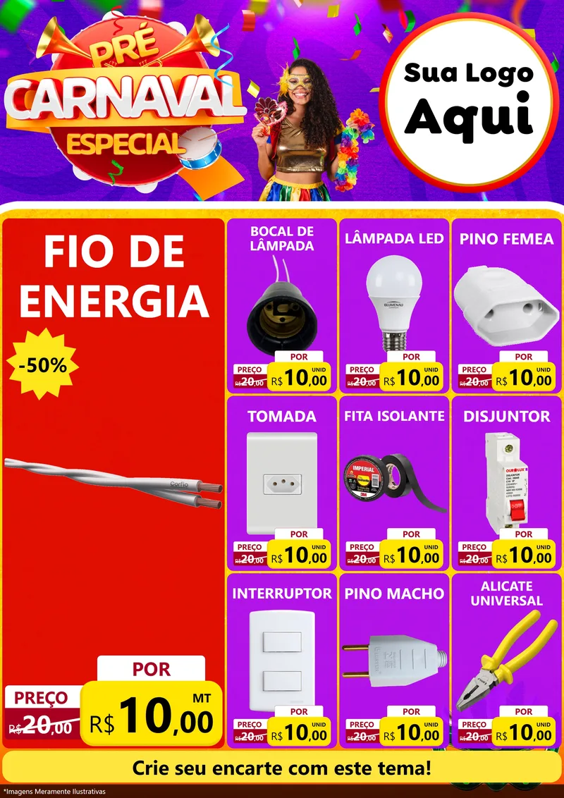 Modelo de Encarte para Encarte A4 Vertical com o tema Pré-Carnaval Especial para Materiais Elétricos