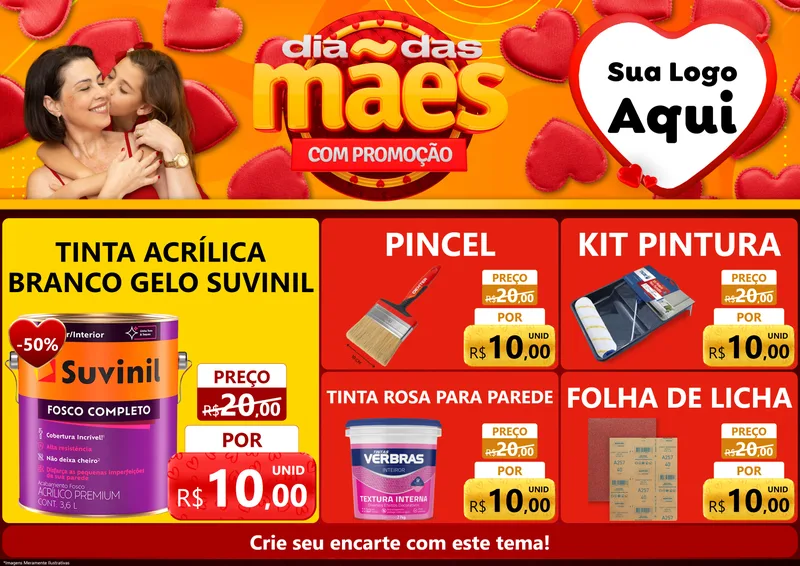 Modelo de Encarte para Encarte A4 Horizontal com o tema Dia das Mães com Promoção para Tintas e Ferramentas