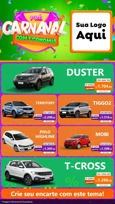 Modelo de TV para TV Vertical com o tema Pré-Carnaval Com Economia para Concessionaria de Carros