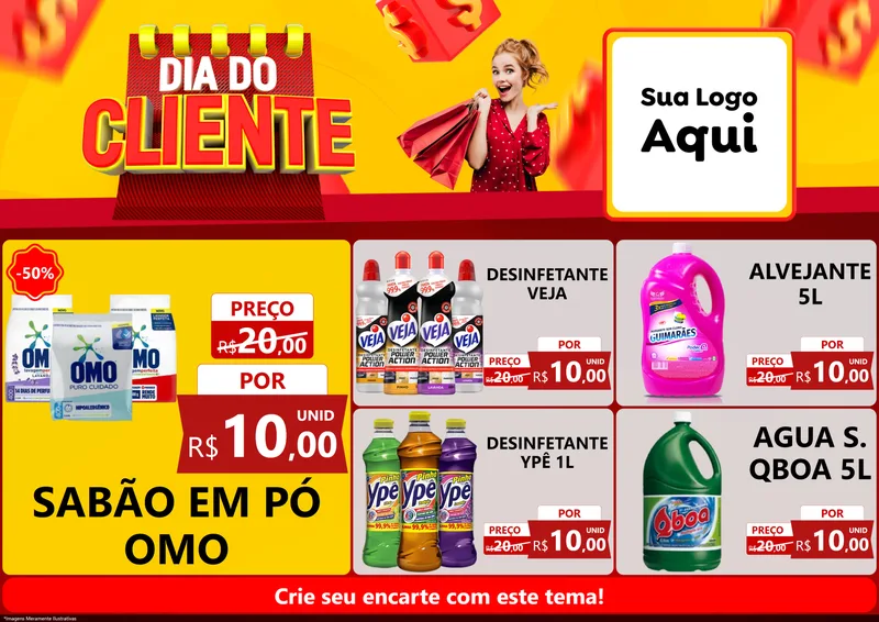 Modelo de Encarte para Encarte A4 Horizontal com o tema Dia do Cliente para Produtos de Limpeza