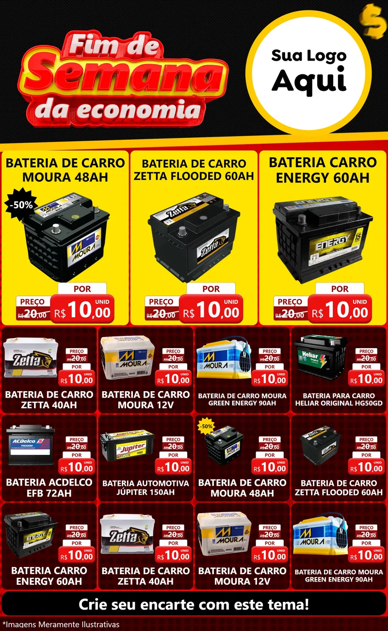 Modelo de Encarte para Encarte Grande com o tema Fim de Semana da Economia para Baterias Elétricas
