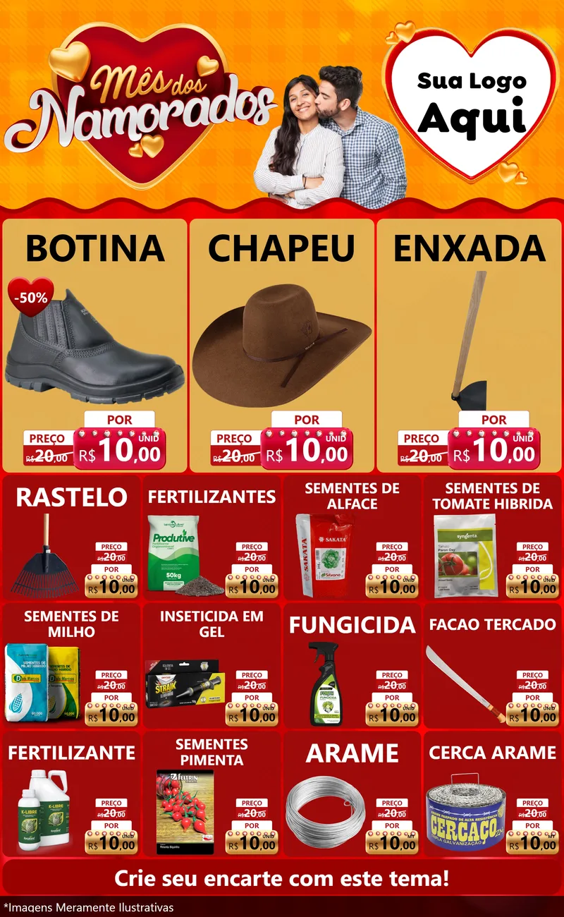 Modelo de Encarte para Encarte Grande com o tema Mês dos Namorados para Agropecuária