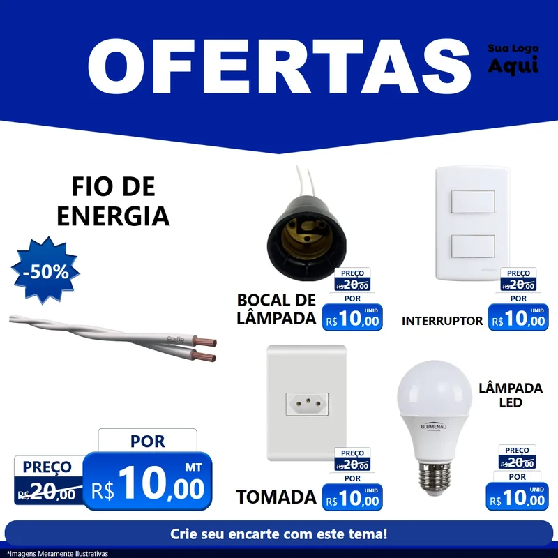 Modelo de Rede Social para Feed Facebook com o tema Ofertas Azul Cartaz para Materiais Elétricos