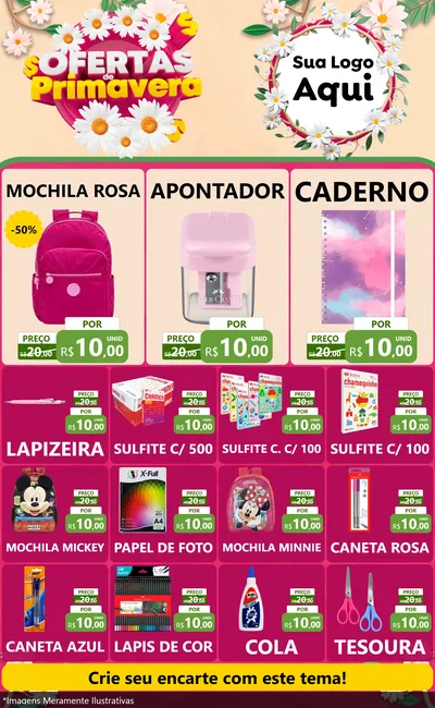 Modelo de Encarte para Encarte Grande com o tema Ofertas de Primavera para Papelaria