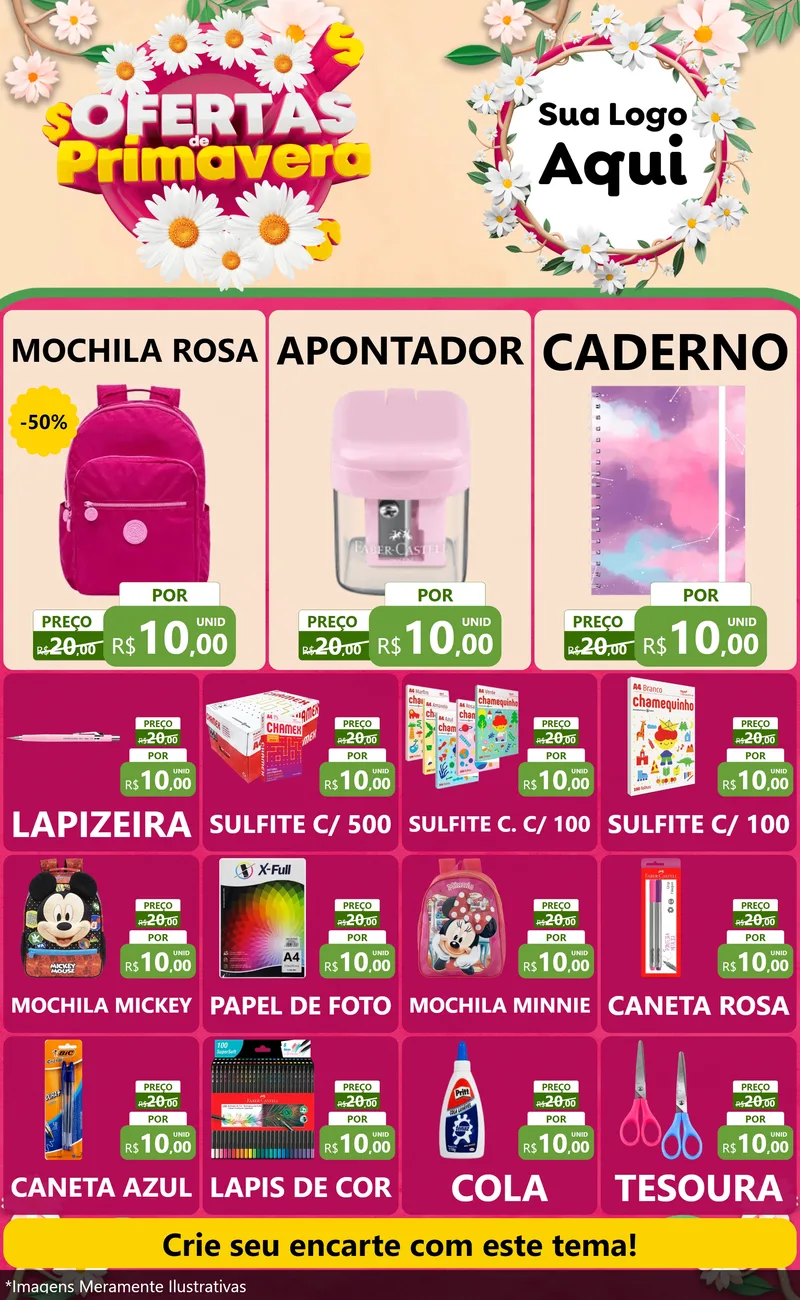 Modelo de Encarte para Encarte Grande com o tema Ofertas de Primavera para Papelaria