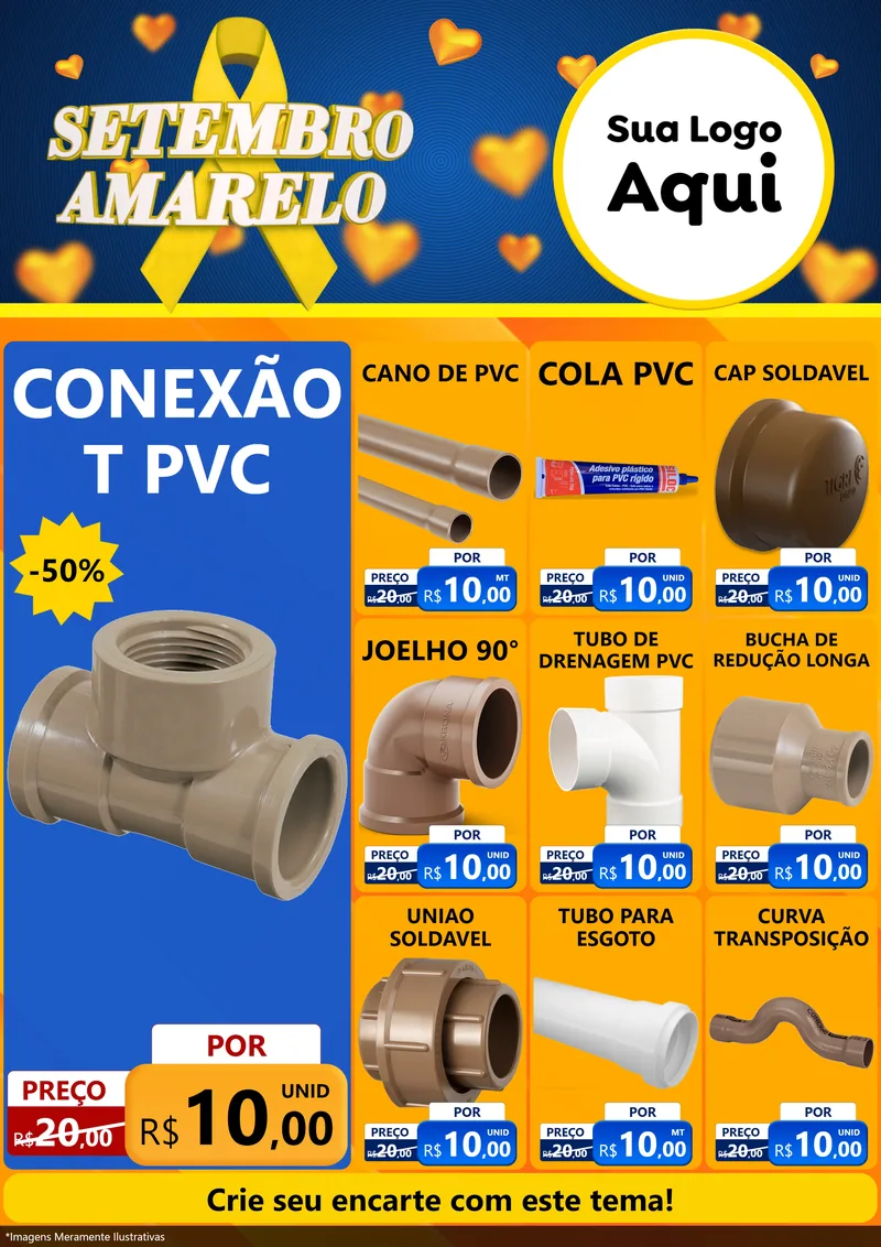Modelo de Encarte para Encarte A4 Vertical com o tema Setembro Amarelo para Tubos e conexões