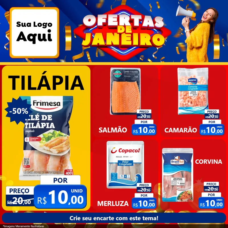 Modelo de Rede Social para Feed Facebook com o tema Ofertas de Janeiro para Peixaria