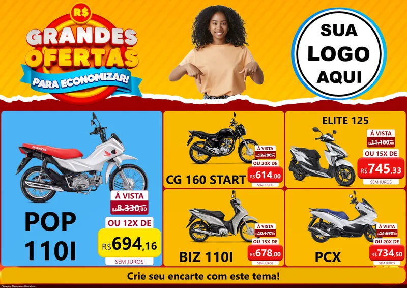 Modelo de Encarte para Encarte A4 Horizontal com o tema Grandes Ofertas Para Economizar! para Concessionaria de Motos