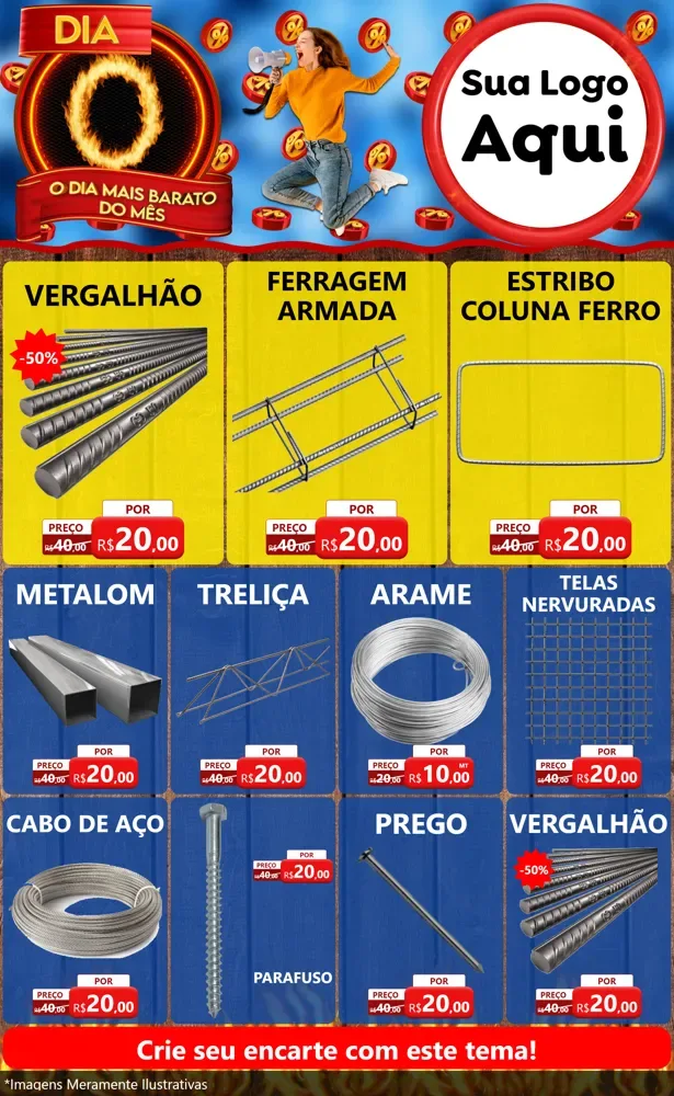 Modelo de Encarte para Encarte Grande com o tema Dia O - O Dia Mais Barato Do Mês para Ferragens