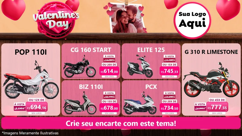 Modelo de TV para TV Horizontal com o tema Valentine's Day para Concessionaria de Motos