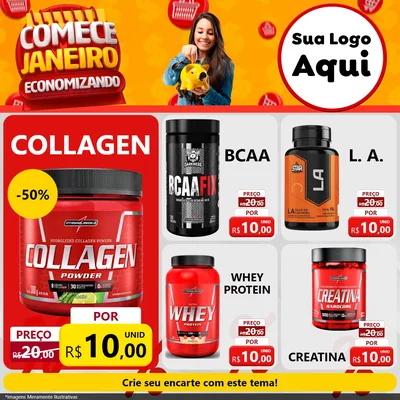 Modelo de Rede Social para Feed Facebook com o tema Comece Janeiro Economizando para Suplementos alimentares
