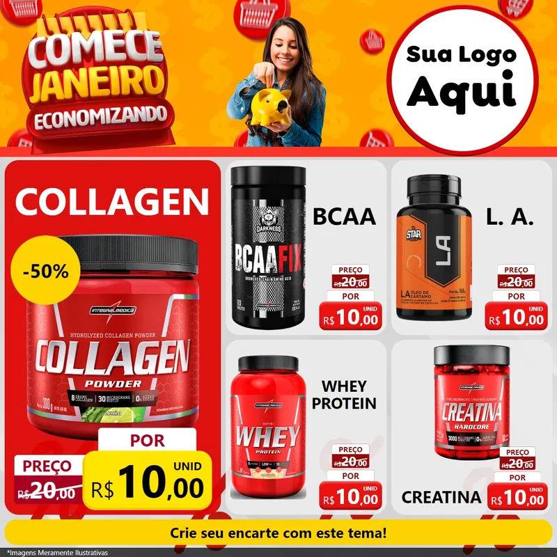 Modelo de Rede Social para Feed Facebook com o tema Comece Janeiro Economizando para Suplementos alimentares