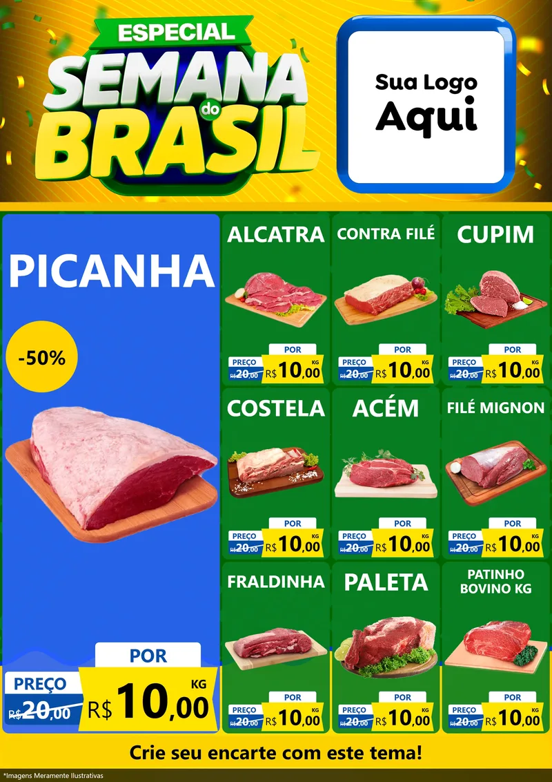 Modelo de Encarte para Encarte A4 Vertical com o tema Especial Semana do Brasil para Açougue
