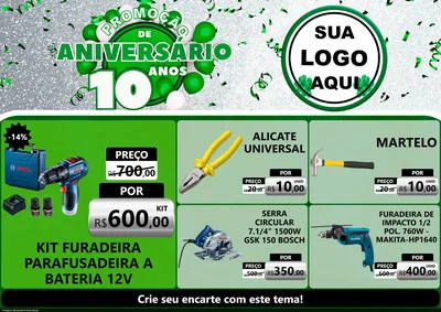 Modelo de Encarte para Encarte A4 Horizontal com o tema Promoção de Aniversário - 10 Anos para Maquinas e Ferramentas
