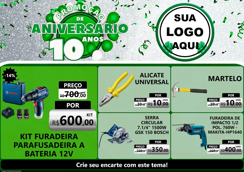 Modelo de Encarte para Encarte A4 Horizontal com o tema Promoção de Aniversário - 10 Anos para Maquinas e Ferramentas