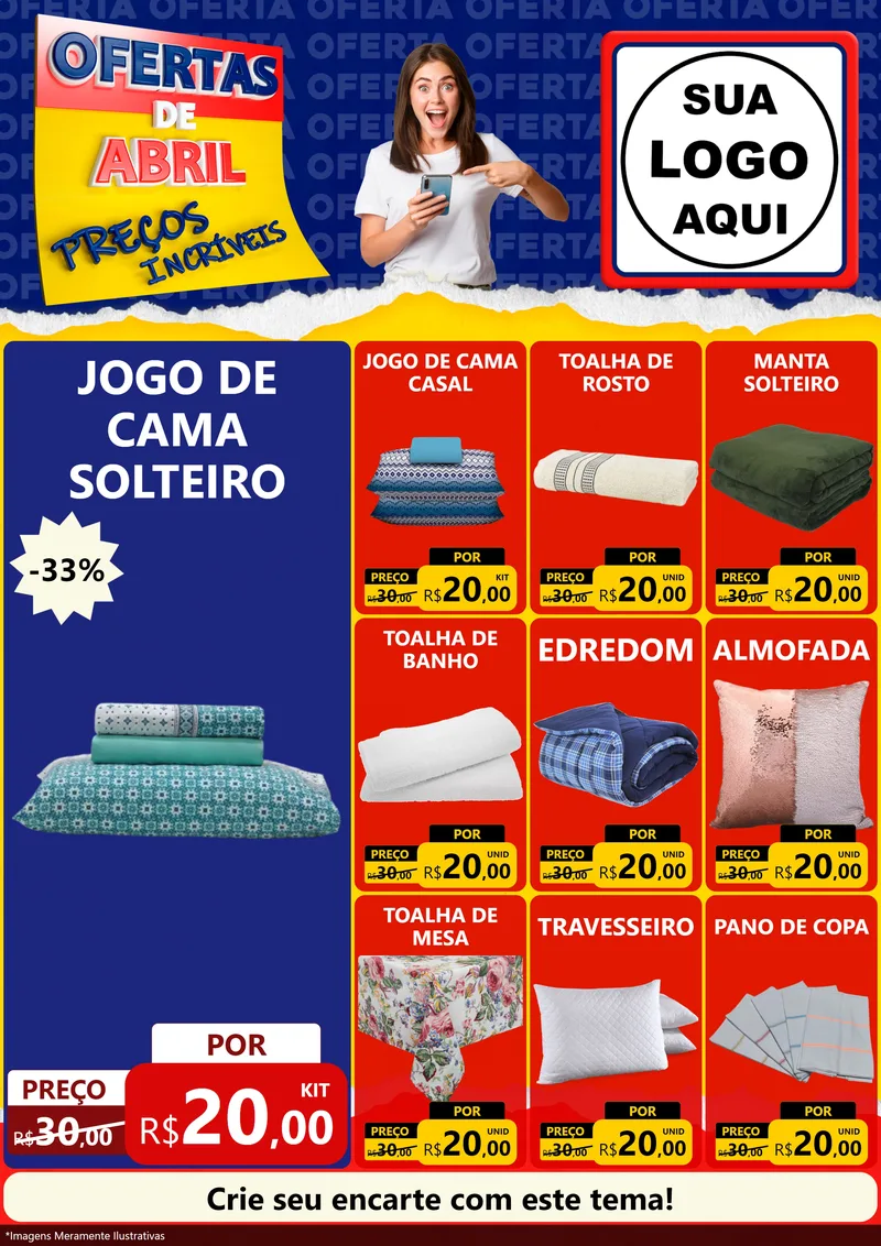 Modelo de Encarte para Encarte A4 Vertical com o tema Ofertas de Abril - Preços Incríveis para Cama, Mesa e Banho