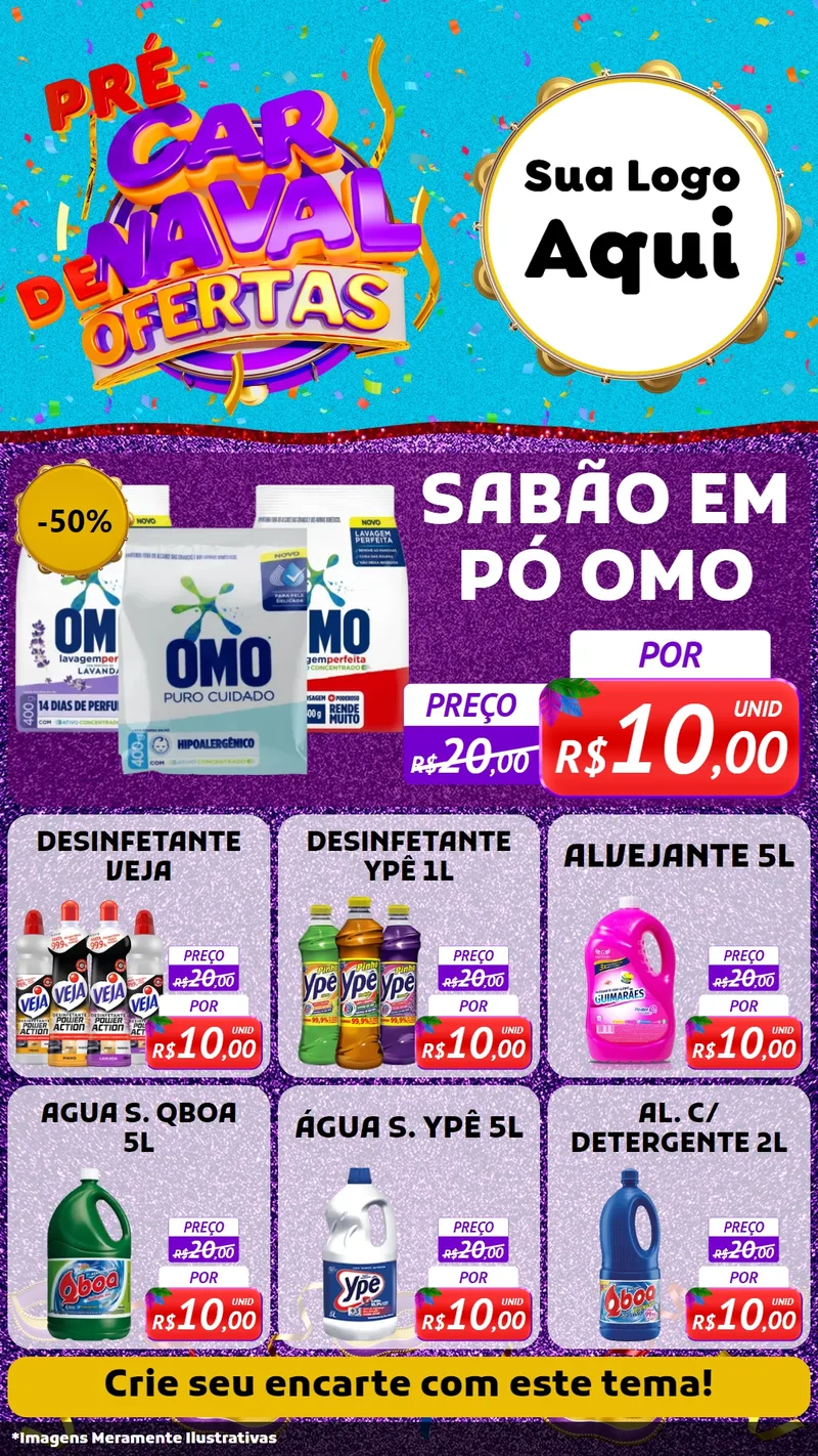 Modelo de Rede Social para Stories com o tema Pré Carnaval de Ofertas para Produtos de Limpeza