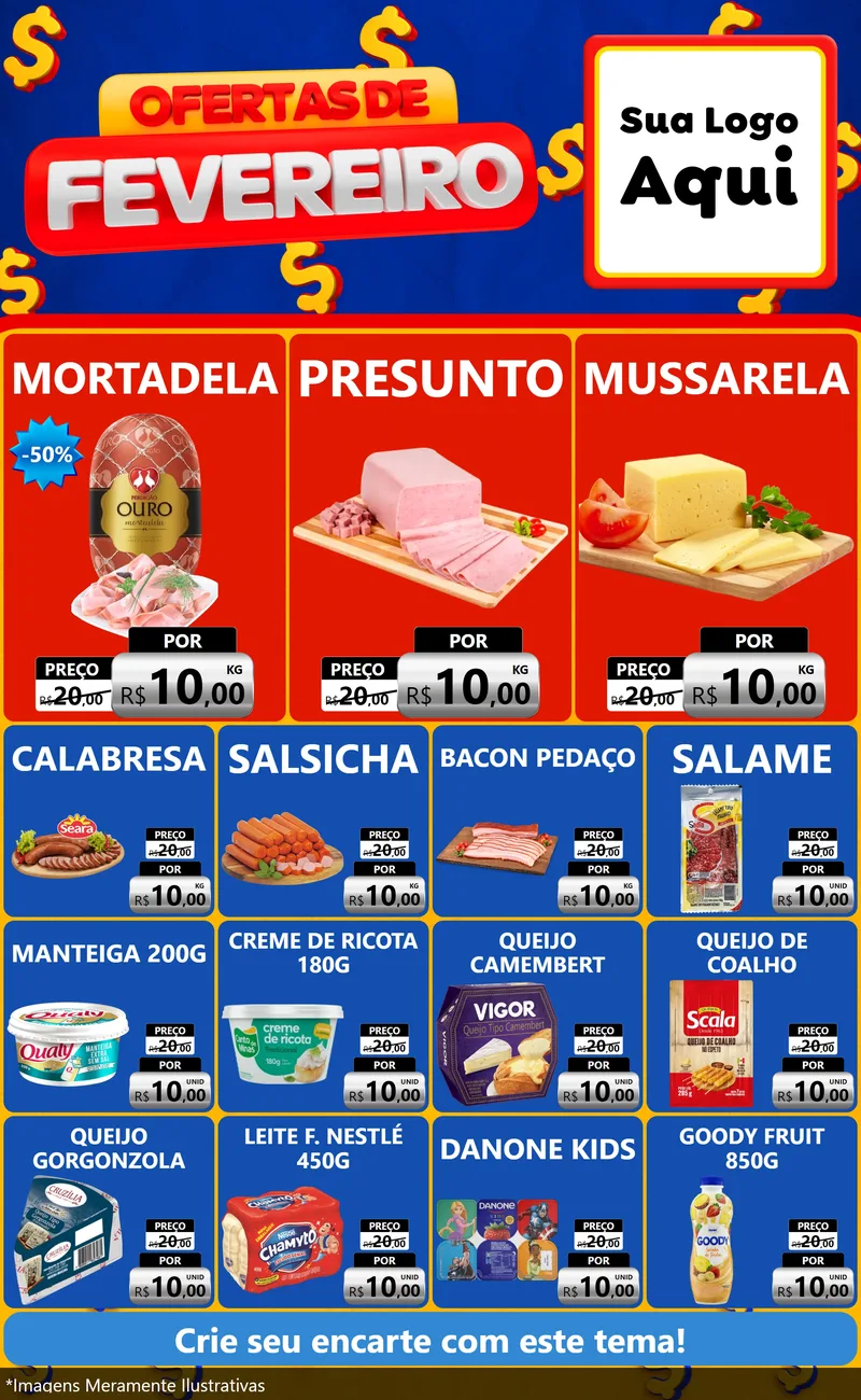 Modelo de Encarte para Encarte Grande com o tema Ofertas de Fevereiro para Frios e Laticínios