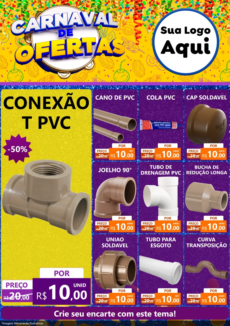 Modelo de Encarte para Encarte A4 Vertical com o tema Carnaval de Ofertas para Tubos e conexões