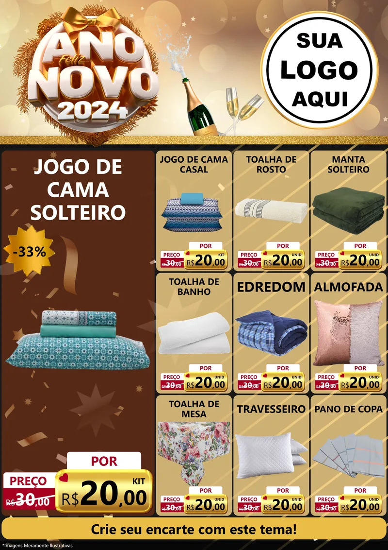 Modelo de Encarte para Encarte A4 Vertical com o tema Feliz Ano Novo 2027 para Cama, Mesa e Banho