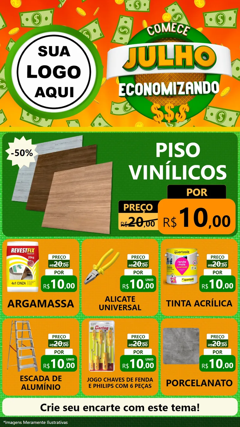 Modelo de Rede Social para Stories com o tema Comece Julho Economizando para Material para Construção