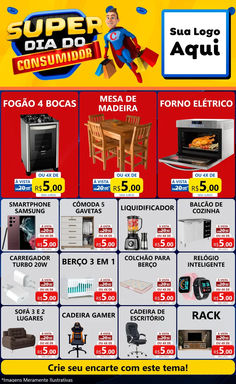 Modelo de Encarte para Encarte Grande com o tema Super Dia do Consumidor para Móveis e Eletro