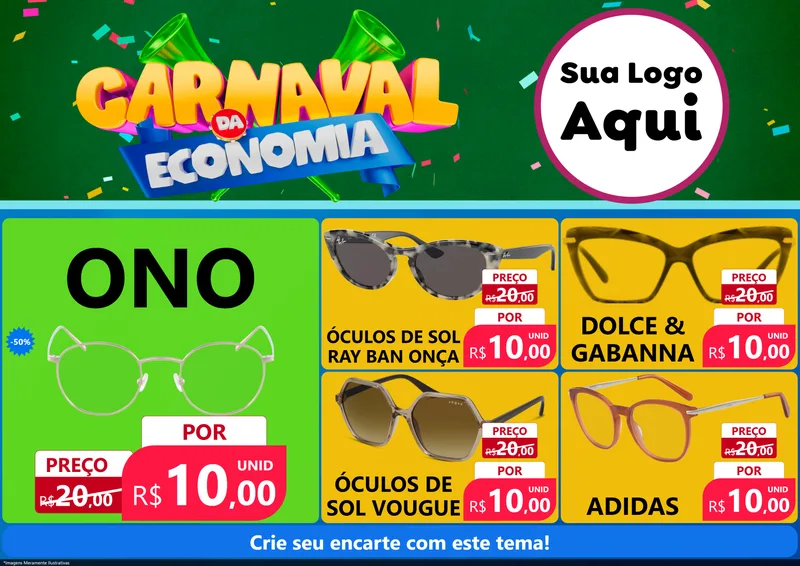 Modelo de Encarte para Encarte A4 Horizontal com o tema Carnaval da Economia para Óticas