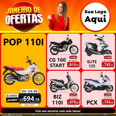 Modelo de Rede Social para Feed Facebook com o tema Janeiro de Ofertas para Concessionaria de Motos