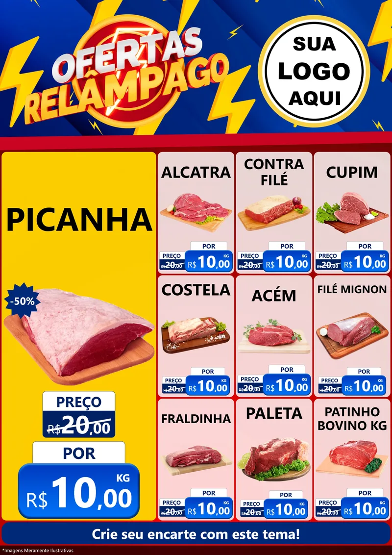 Modelo de Encarte para Encarte A4 Vertical com o tema Ofertas Relâmpago para Açougue