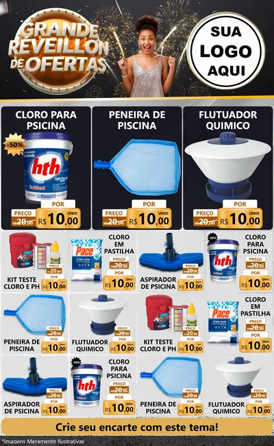 Modelo de Encarte para Encarte Grande com o tema Grande Réveillon de Ofertas para Produtos para Piscina